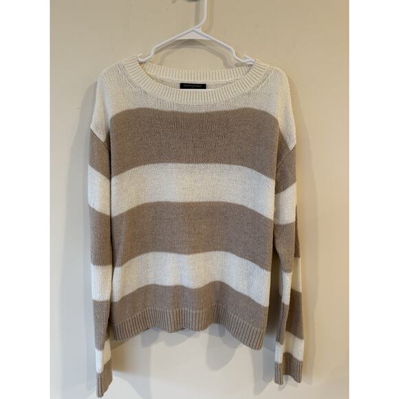 Banana Republic Pullover Sweater Striped Cotton Blend Casual Ivory & Tan Large - Picture 1 of 8